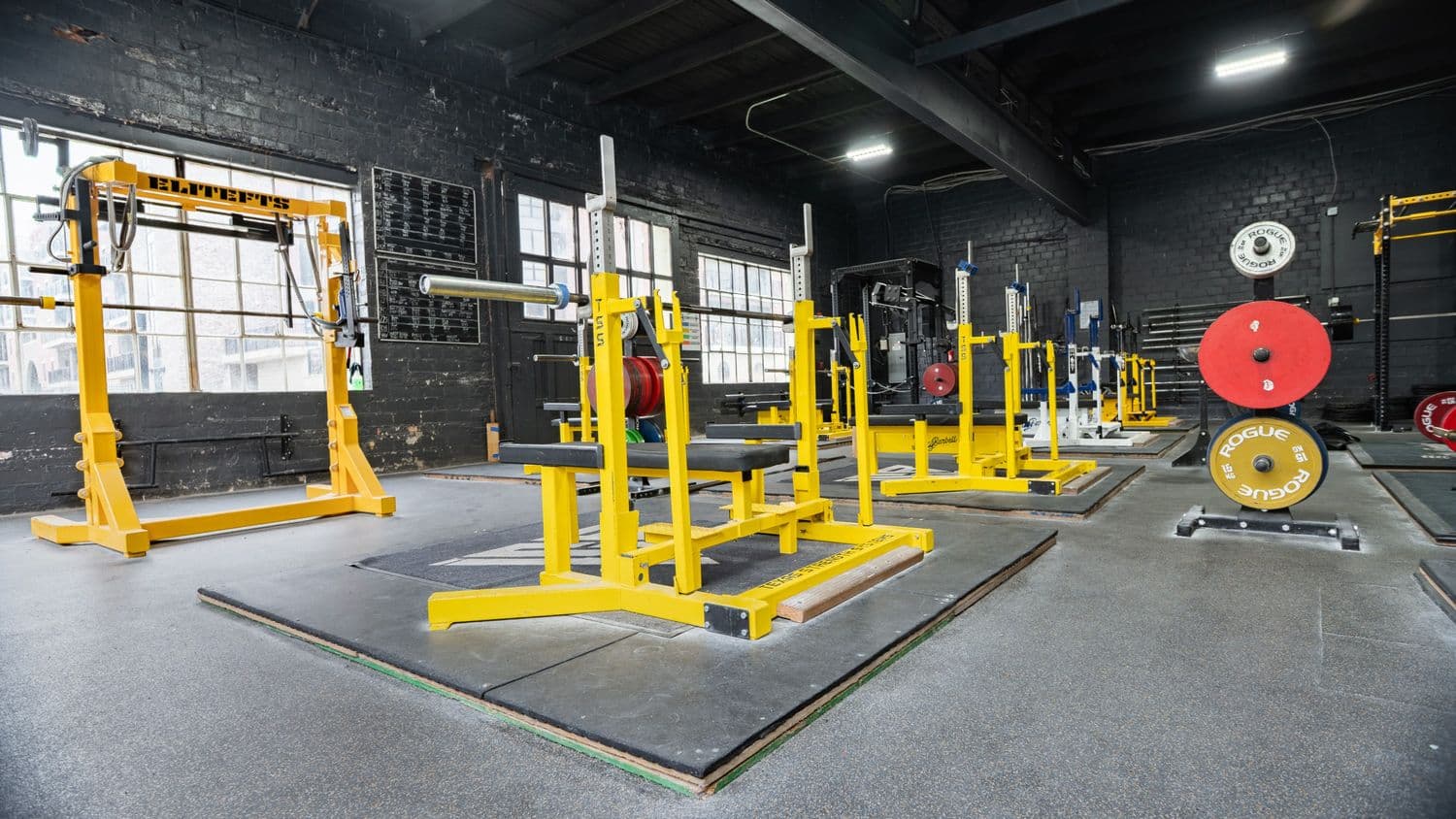 Strength training equipment inside Indy City Barbell, Indianapolis