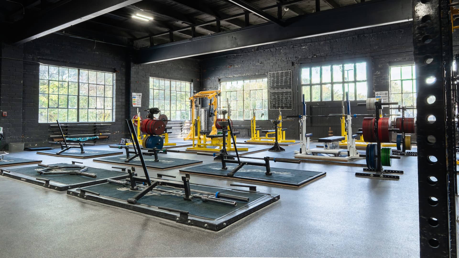 Free weight area with Olympic platforms and competition racks at Indy City Barbell