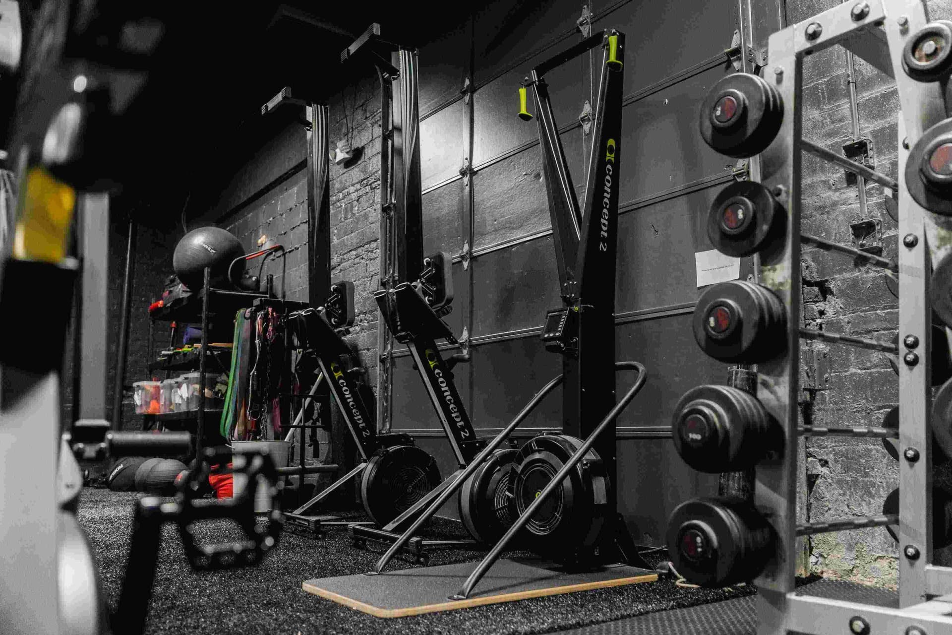 Free weight and plate storage area at Indy City Barbell weight lifting gym in Indianapolis